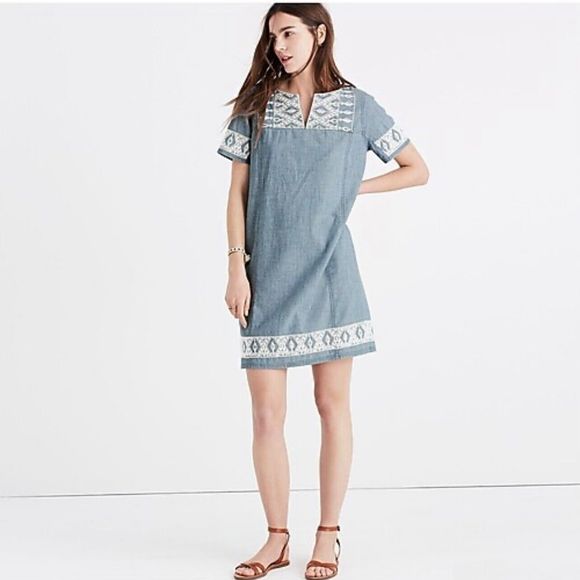 Madewell Short Sleeve Dress Blue Aztec Embroidery Tribal Boho Denim Chambray XS - Picture 1 of 6